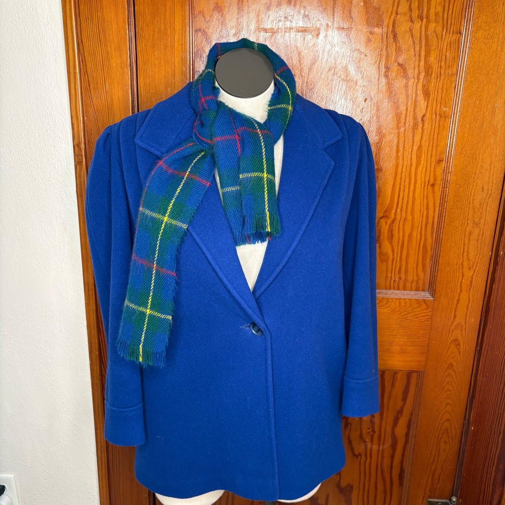 Beau‎ Brem Wool Blend Coat Womens XL Blue Excellent Vintage Puff Shoulder Scarf